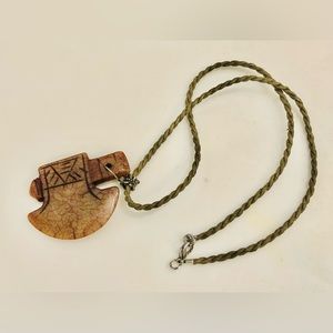Custom made Axe marble Carved stone pendant in a green rope necklace
